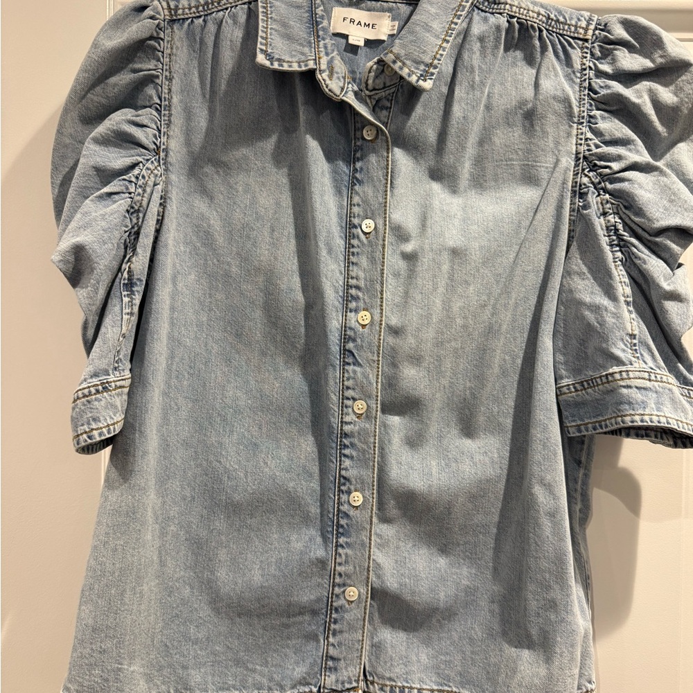 Frame Denim Blue Puff Sleeve Blouse